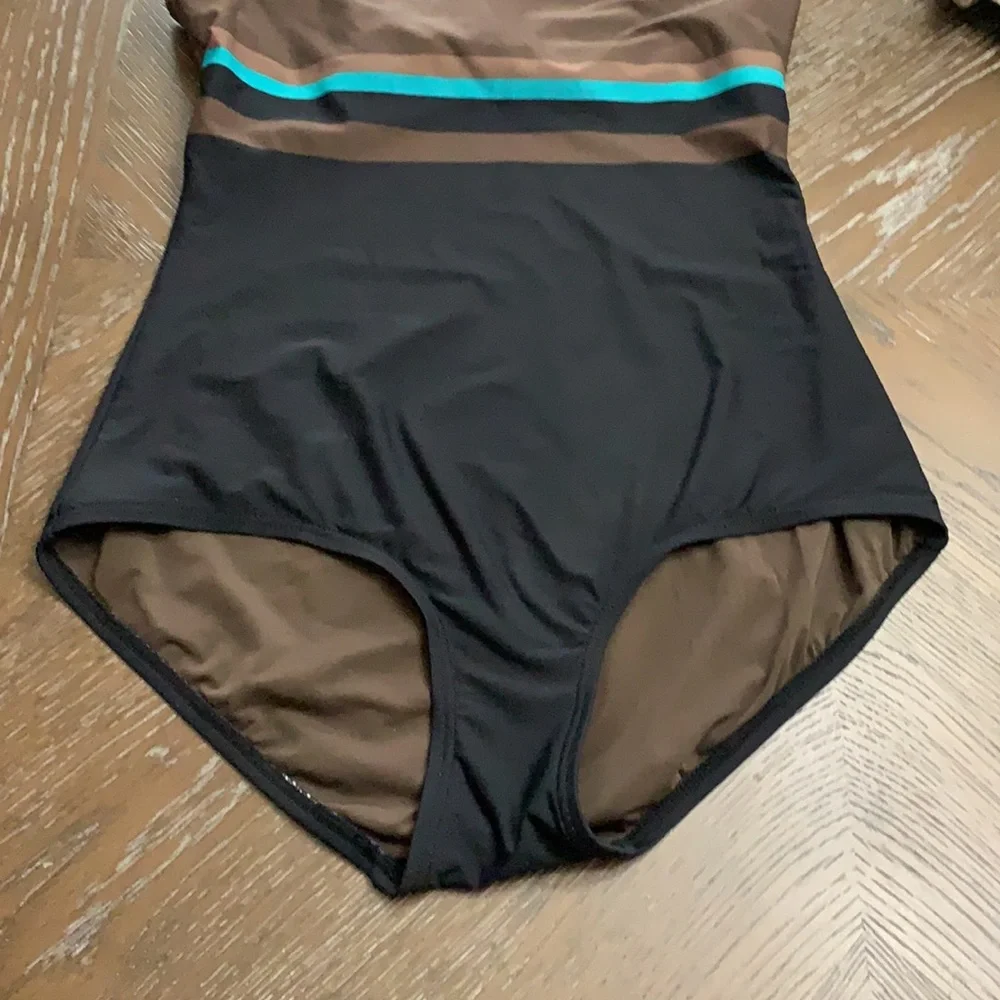 DKNY black, brown & teal striped one piece swimsuit halter Size M - Picture 12 of 17